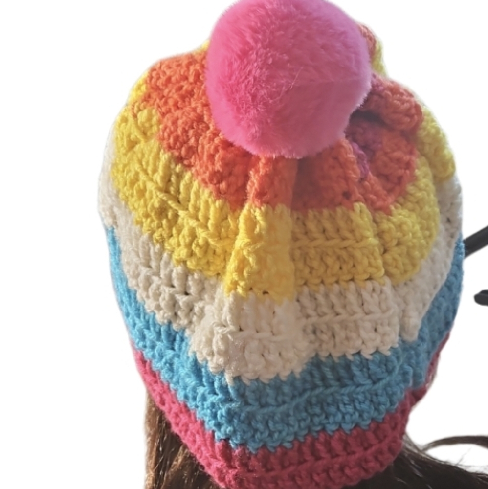 Hand Crafted Crochet Beanie Oversized Multicolored Pink pompom winter hat unique - Picture 8 of 17